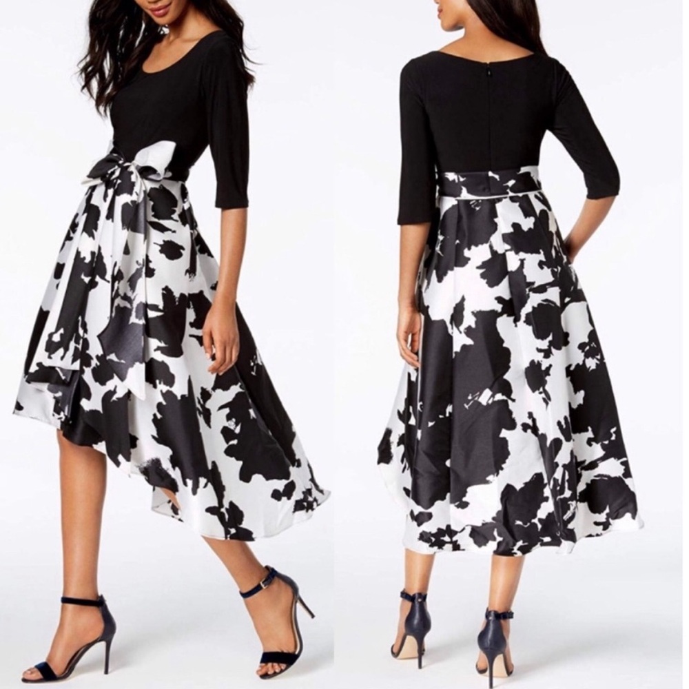 R & M Richards Black & White Dress with High/Low Hem & 3/4 sleeves, Size 14.